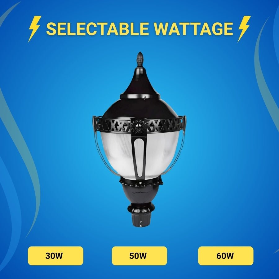 3-Way Post Top LED Acorn Light Fixture - Selectable 60W/50W/30W, 3K/4K/5K CCT, AC100-277V - Black T5 3" Pole Mount, Waterproof PC Cover, Small Housing, Vintage Style Exterior Lantern with Photocell Option for Driveway, Front Yard, Garden