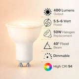 LED PAR16 GU10 Bulb, 6W (50W Halogen Equivalent), 400 Lumens, 3000K Halogen White, CRI 94 High Color Rendering, 40° Flood Beam, Dimmable, 120V, UL Damp Rated, Track & Recessed Lighting