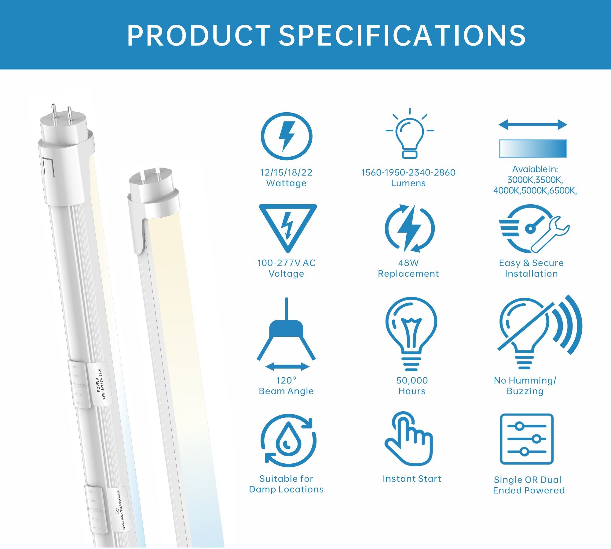 4FT T8 LED Tube Light, Type A+B, 12W/15W/18W/22W, 3000K |3500K| 4000K | 5000K | 6500K, Single and Double End Powered, Plug and Play or Ballast Bypass, 2860 Lumens, F32T8, 120-277V, Frosted Cover, Pack optional with better price.