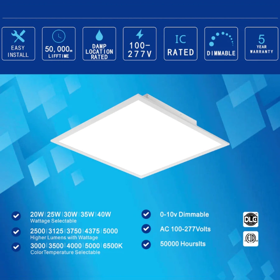 Fastled Led Panels Compatable Flat Panel LED Lights 2x2 – 20W-40W Selectable 5CCT Dimmable Drop ...