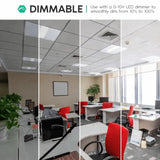 2x2 LED center basket troffer light with 0-10V dimming, smooth brightness adjustment from 10% to 100%, installed in commercial office ceiling