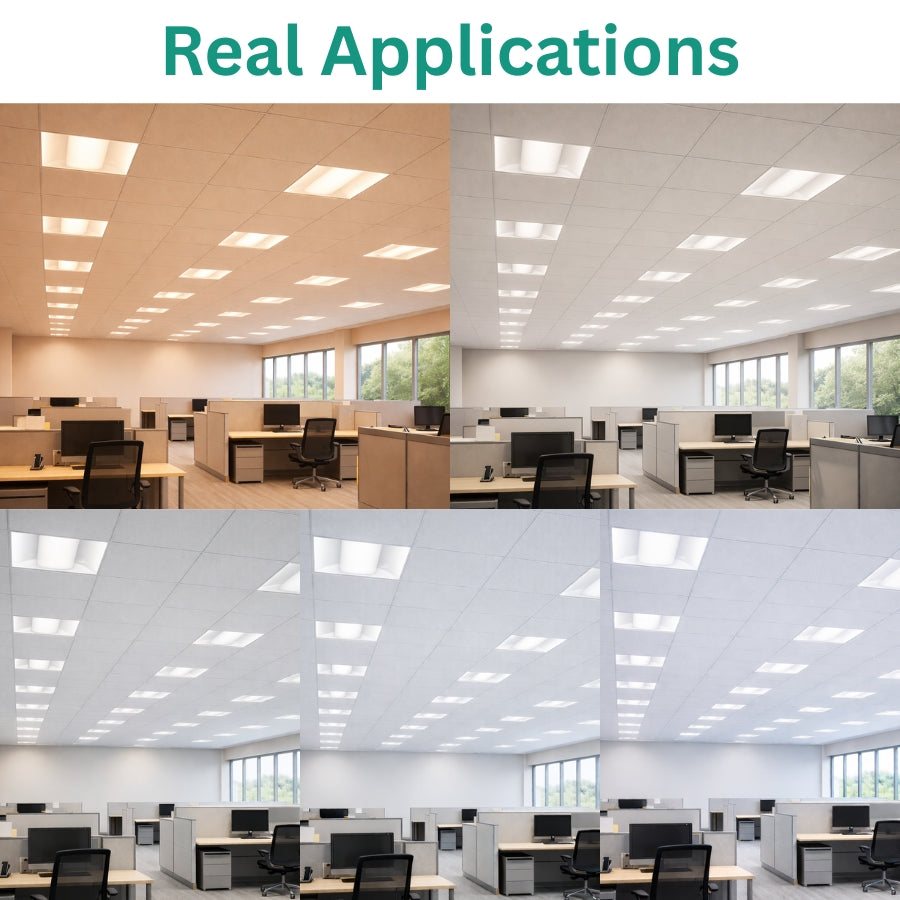 2x2 LED center basket troffer installed in commercial office ceiling providing uniform bright lighting