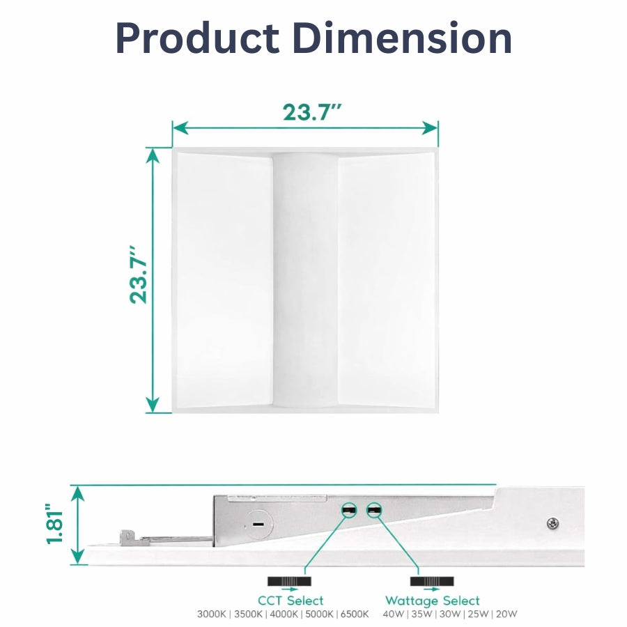 2x2 LED center basket troffer light dimensions 23.7 x 23.7 inches, 1.81 inch height, CCT and wattage selector switches shown