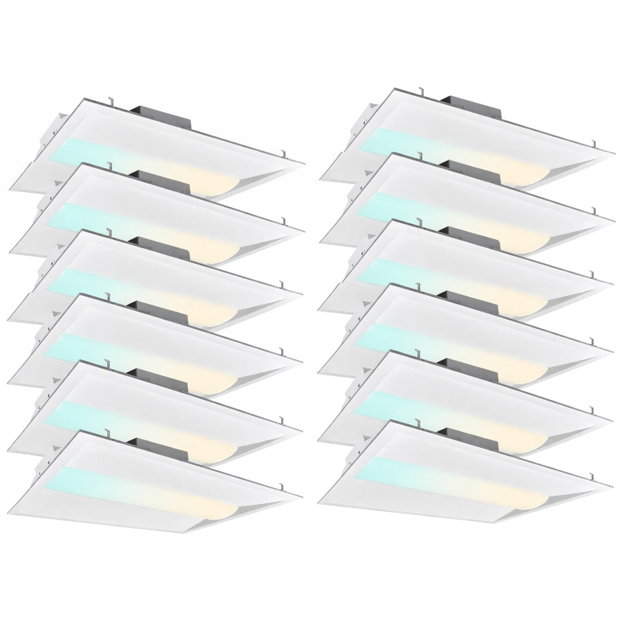 12 Pack 2x2 LED center basket troffer lights, 5200 lumens, 3000K–6500K selectable CCT, 20W–40W adjustable wattage, 0-10V dimmable commercial ceiling lights