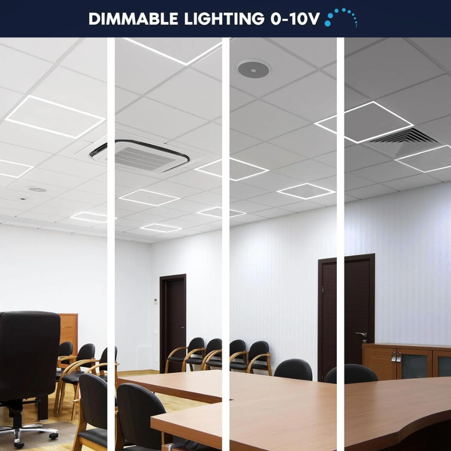 Collage of a conference room with different lighting levels on the ceiling.