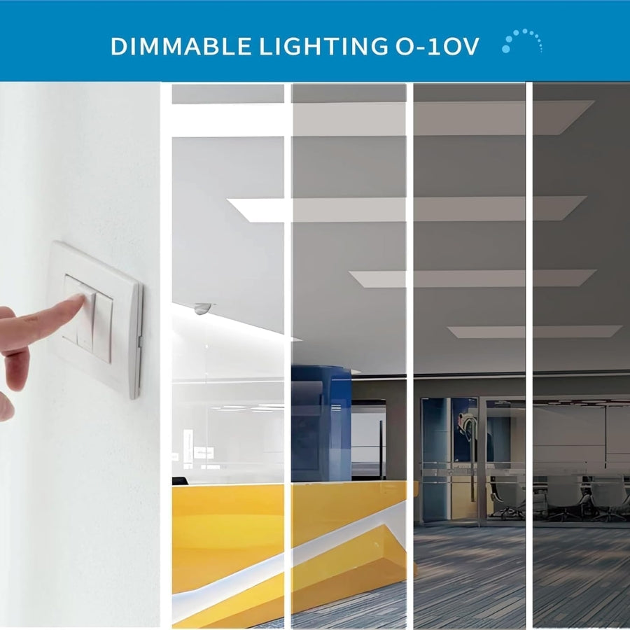 Hand switching on a light switch with office interior in the background, highlighting dimmable lighting feature.