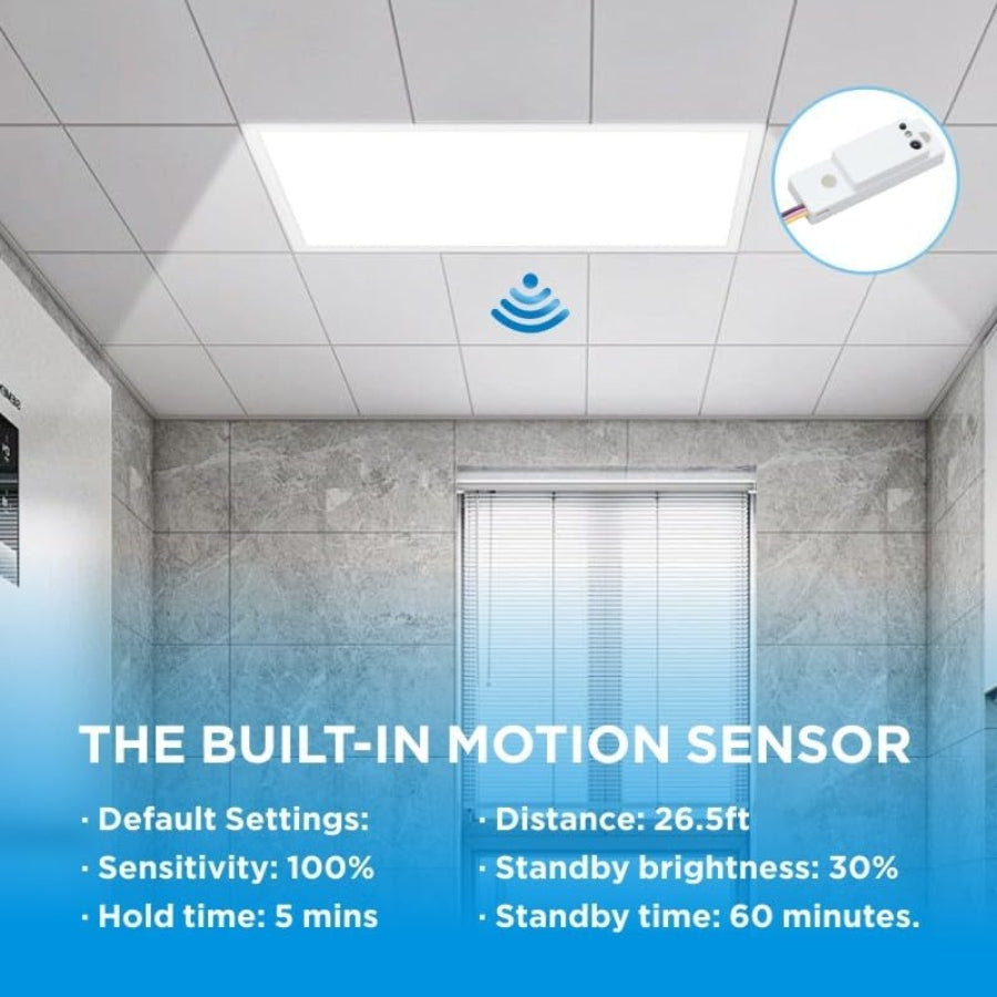 Ceiling light fixture with built-in motion sensor in a room setting