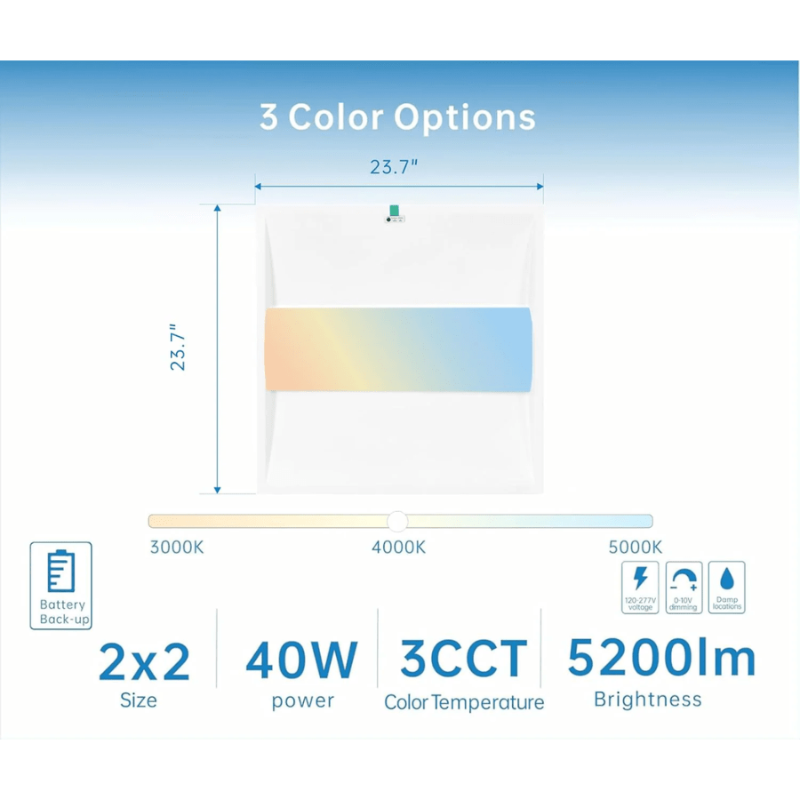 switchtoled 2x2 led troffer lights 3cct 40w  length 23.7 inch and height 23.7 inch