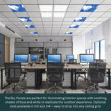 2x4 LED sky panel lights installed in modern office drop ceiling creating natural daylight sky effect