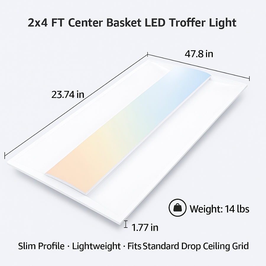 2x4 FT Center Basket LED Troffer Light with dimensions and weight on a white background at SwitchToLED