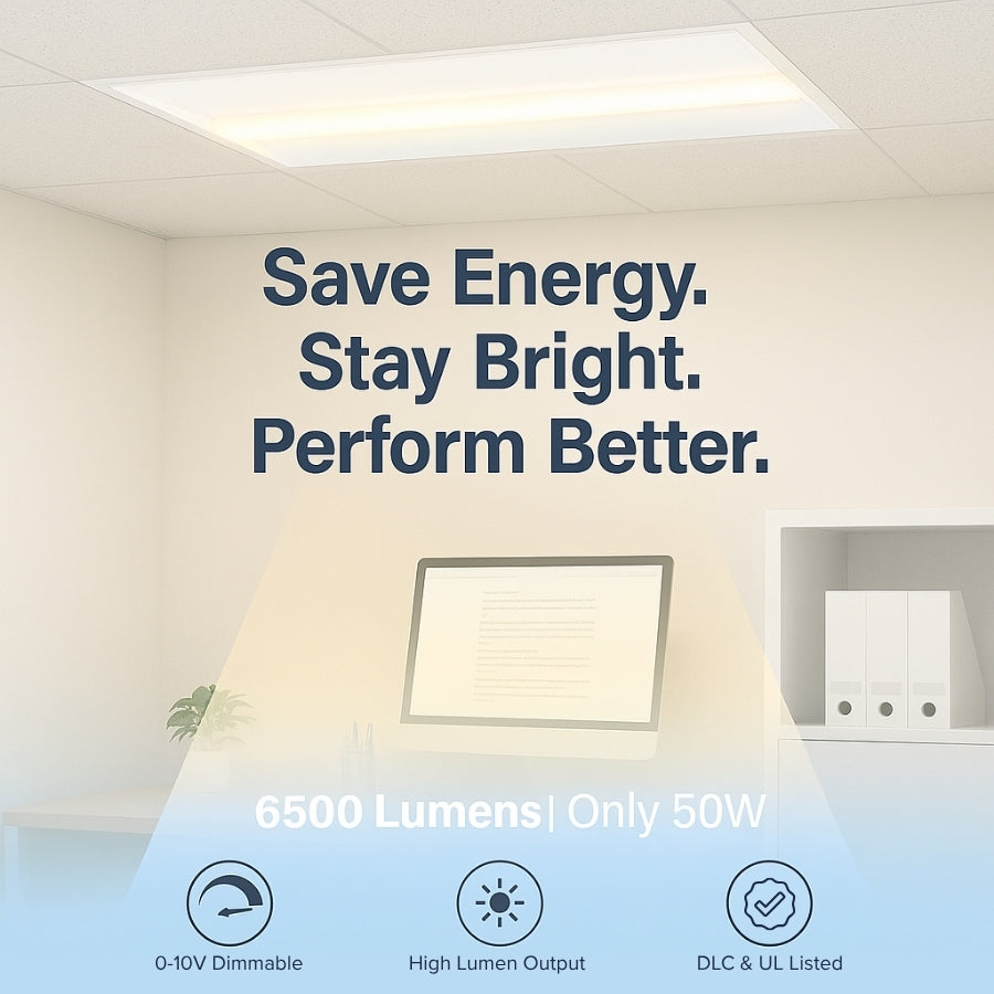 Ceiling light fixture with text 'Save Energy. Stay Bright. Perform Better.' in a room setting at SwitchToLED
