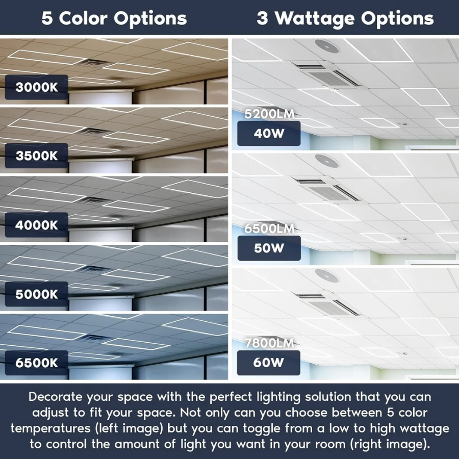 2x4 FT Edge-Lit Frame  Ceiling light fixture with color temperature and wattage options displayed.