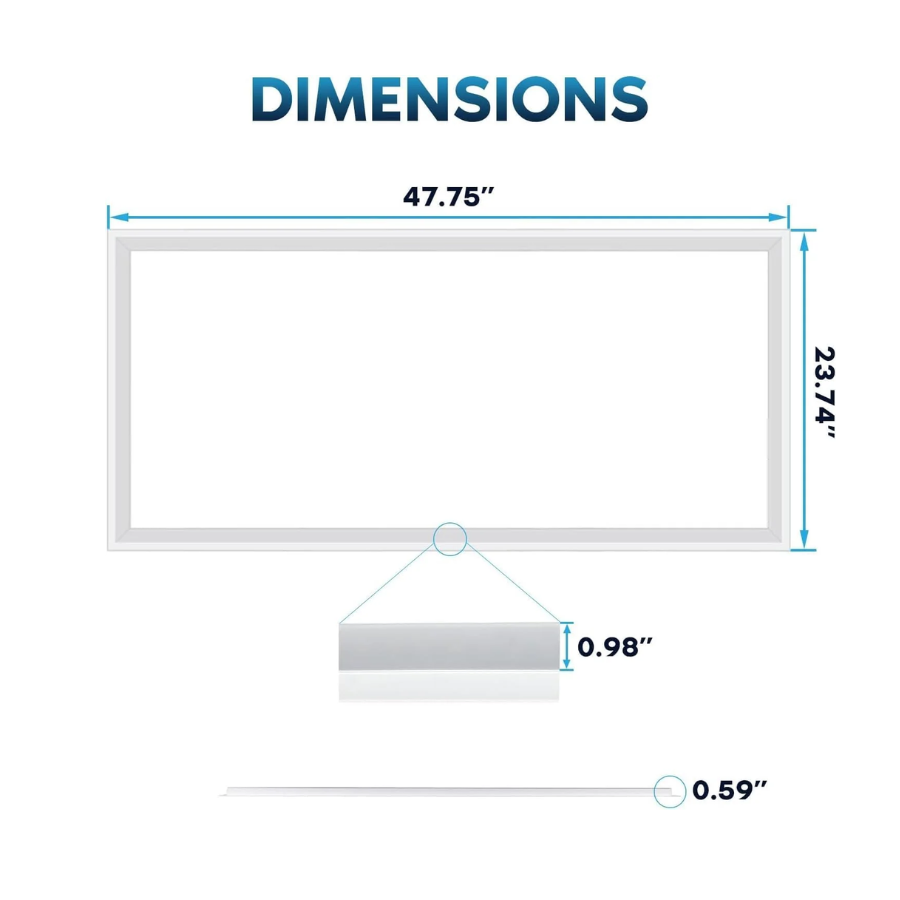 Measurement chart showing dimensions of a 2x4 FT Edge-Lit Frame ceiling light with measurements in inches.
