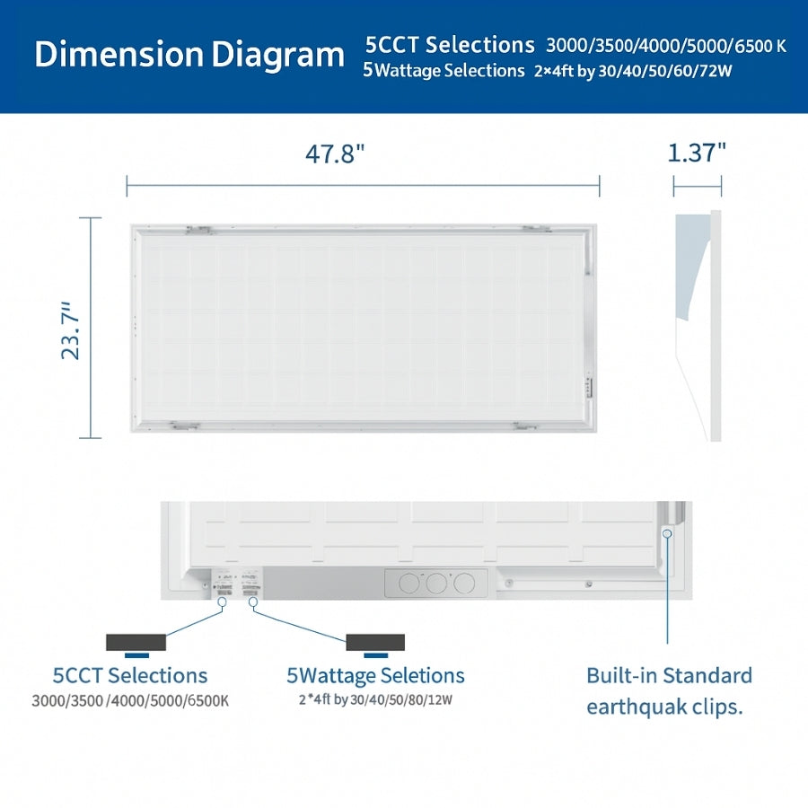 Dimension diagram of a 2x4 led flat panel ceiling light​
 with measurements and specifications.