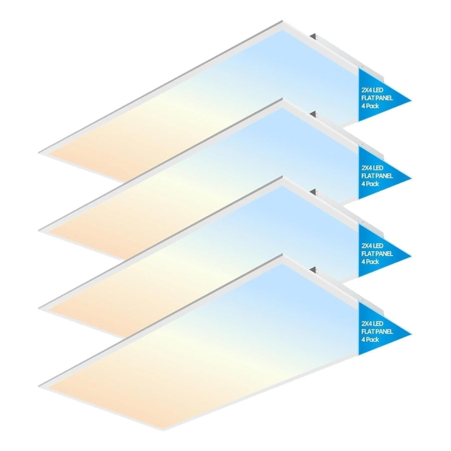 Four LED flat panel lights with color temperature labels on a white background