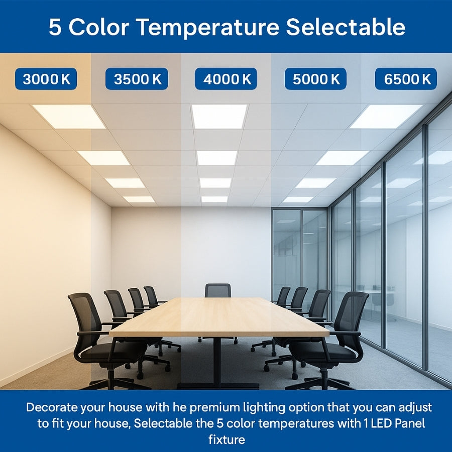 Modern office with different color temperature lights on the ceiling, labeled from 3000K to 6500K.