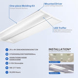 LED troffer light with features and specifications on a white background, 2x4 led troffer at switchtoled