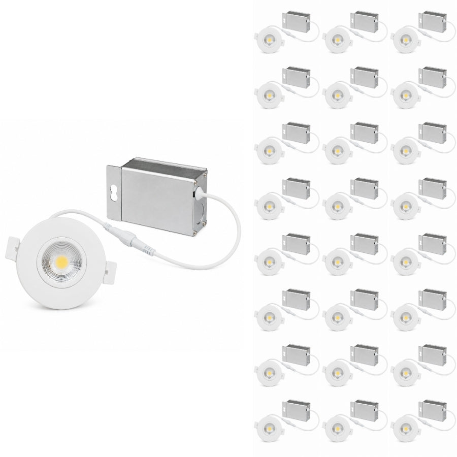 Twenty-four pack of ultra-thin 3-inch LED recessed downlights with selectable color temperatures and IC-rated construction.