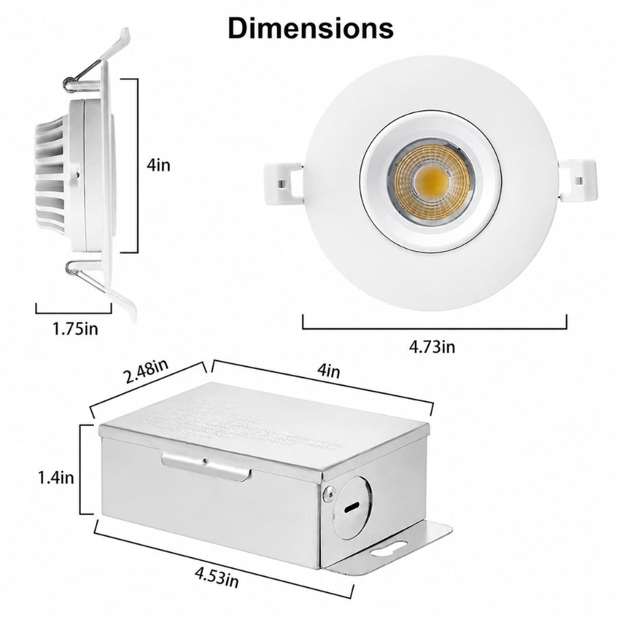 Dimension diagram showing the 3-inch canless LED recessed light and junction box measurements for installation planning.