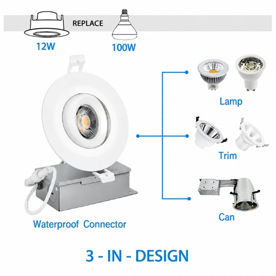 Energy-efficient 8W LED recessed light replacing traditional lamp, trim, and housing can in a single fixture.