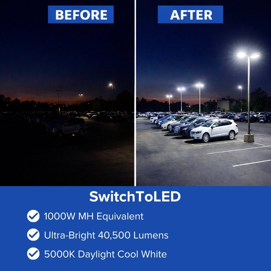 300W LED parking lot light 1000W metal halide equivalent before and after brightness comparison at switchtoled.com