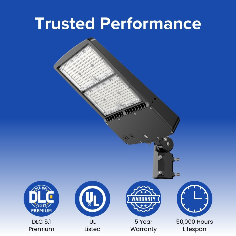 300W LED parking lot light DLC 5.1 premium UL listed 5 year warranty commercial fixture at switchtoled.com