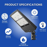 300W LED parking lot light 40,500 lumens 5000K 135 lm/W DLC 5.1 IP65 at switchtoled.com