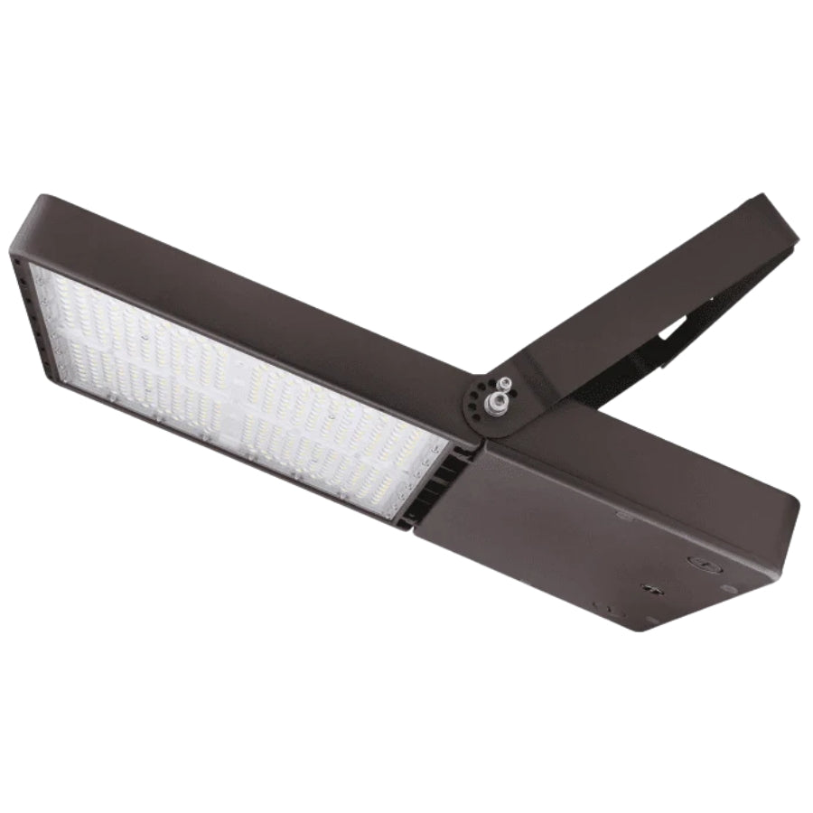 High-output 300W LED flood light with adjustable yoke mount, delivering 45,000 lumens of bright illumination for large outdoor and industrial lighting applications.