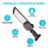 LED parking lot light specifications showing 300W 240W 200W selectable wattage, 45,000 lumens output and 5700K daylight