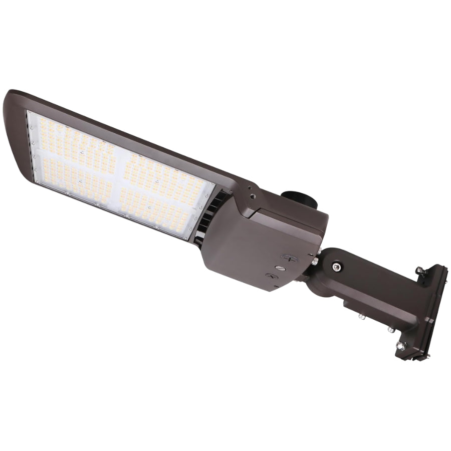 300W LED shoebox parking lot light with bronze housing and universal pole mount for outdoor commercial lighting