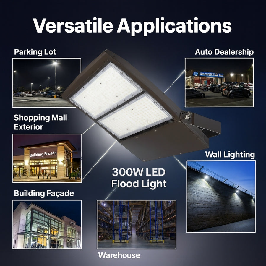 300W LED Flood Light with various application scenarios on a dark background