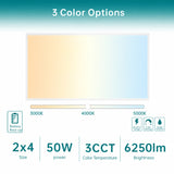 2x4 LED panel light displaying adjustable color temperatures (3000K, 4000K, 5000K) with 50W power, 6250 lumens output, and battery backup compatibility.