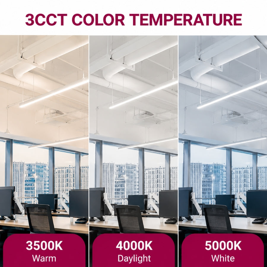 LED linear light fixture displaying selectable color temperatures of 3500K warm, 4000K daylight, and 5000K white.