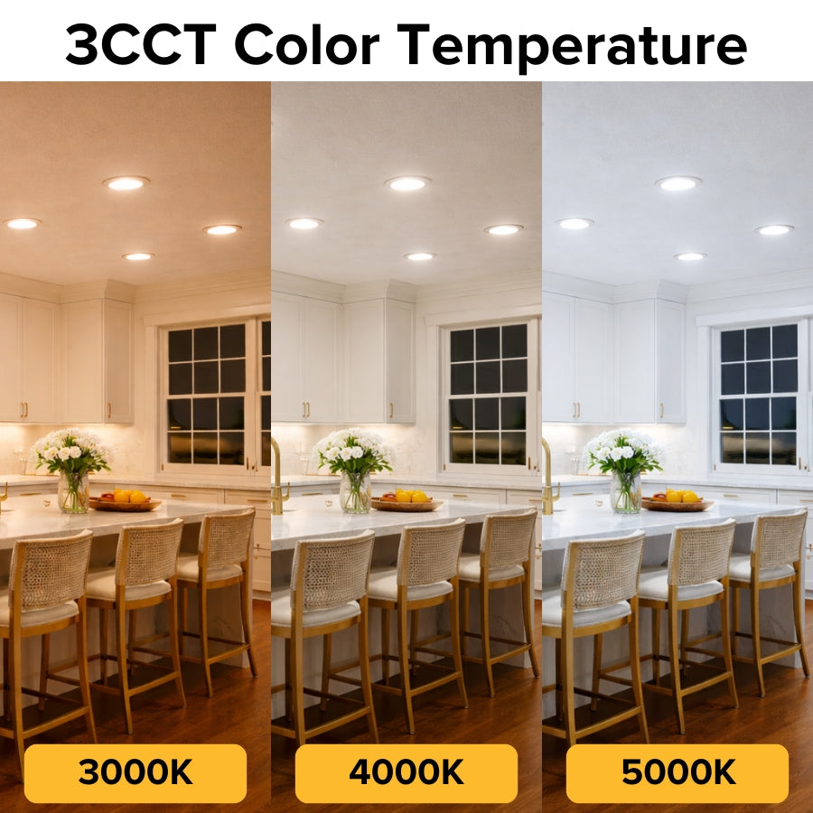 3CCT selectable LED disc light showing 3000K warm white, 4000K neutral white, and 5000K daylight color temperatures in kitchen setting