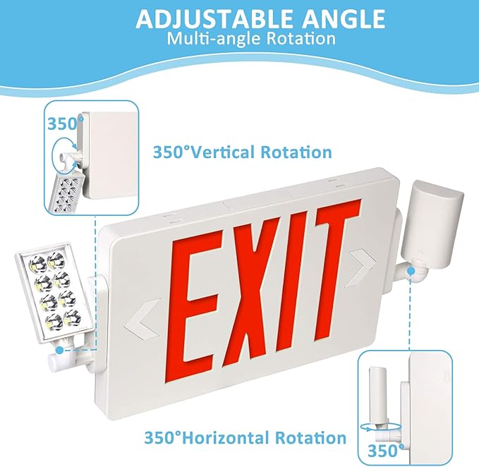 Double Sided LED Emergency EXIT Sign Combo, Two LED Lights, Backup Battery, US Standard Red Letter Emergency Exit Lighting, Commercial Grade, 120-277V, Fire Resistant (UL 94V-0)