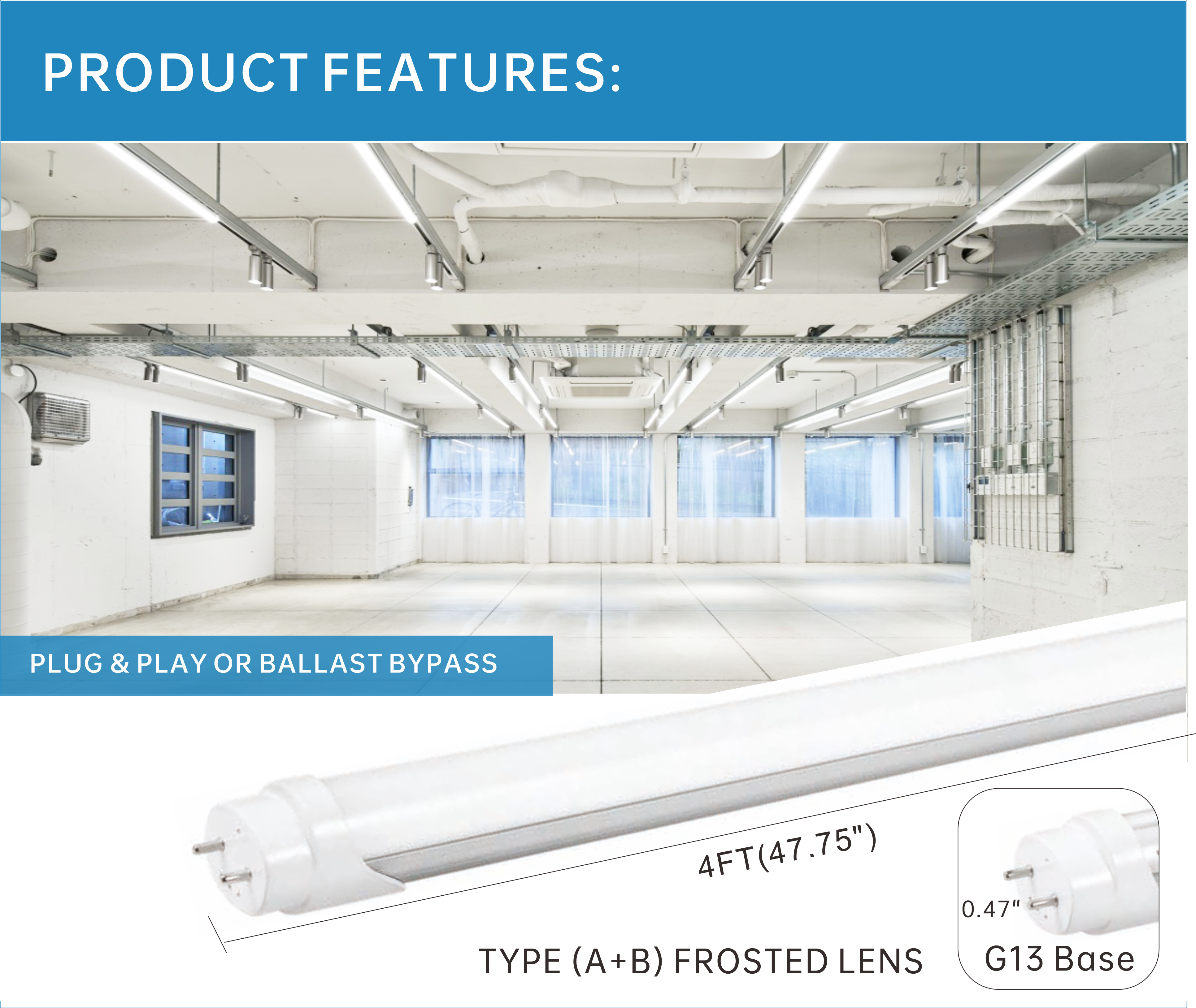 4FT T8 LED Tube Light, Type A+B, 12W/15W/18W/22W, 3000K |3500K| 4000K | 5000K | 6500K, Single and Double End Powered, Plug and Play or Ballast Bypass, 2860 Lumens, F32T8, 120-277V, Frosted Cover, Pack optional with better price.