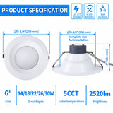 6" LED Commercial Downlight, 14W/18W/22W/26W/30W Selectable, Up to 2520 Lumens, 5CCT 2700K/3000K/3500K/4000K/5000K, 0-10V Dimmable, Canless Wafer Thin Recessed Ceiling Light, IC Rated, 120-277V, UL Listed