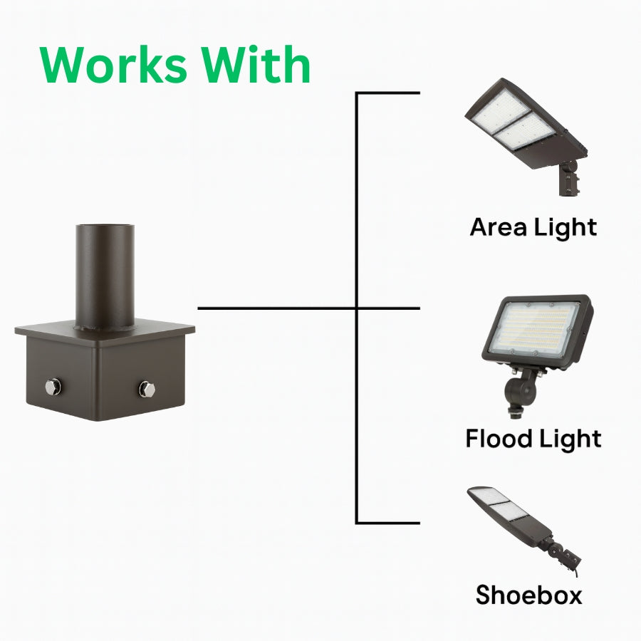 5" Square Pole Mount Tenon Adapter, Fits 2-3/8" Slip Fitter Lights, Heavy-Duty Steel, Dark Bronze Finish