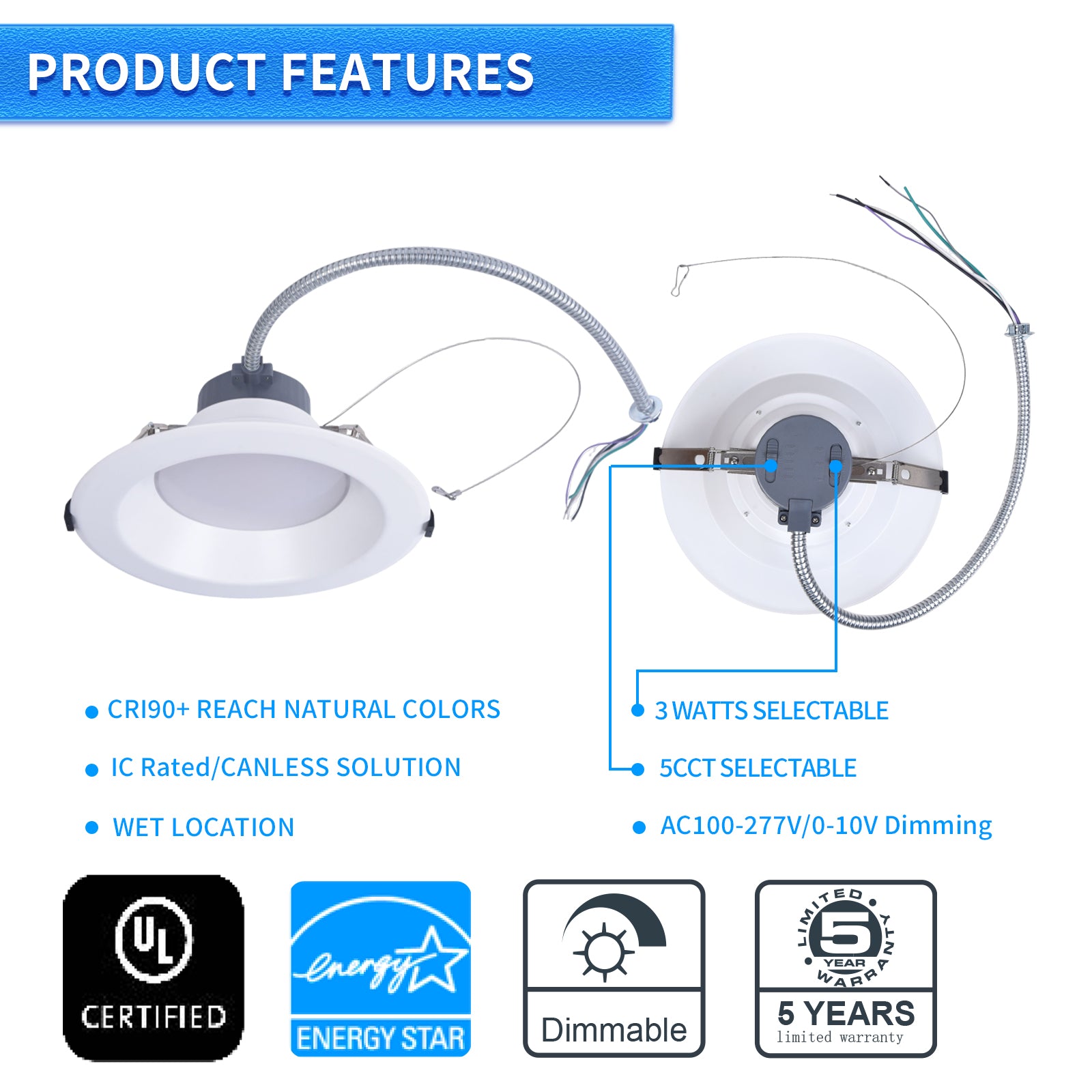 8 inch Commercial Canless LED Downlight, brightness 2400lms, Wattage Adjustable 12/20/30W, 0-10V Dimmable Recessed Ceiling Light Fixture, 5 CCT 2700K-5000K, 120-277V IC Rated UL & Energy Star