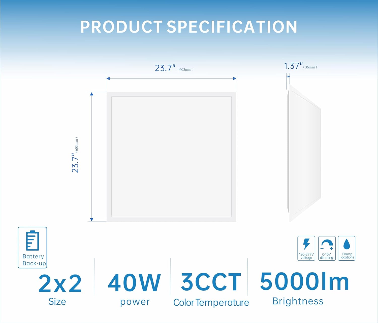 2X2 LED Flat Panel Light Emergency Battery Backup, 40W-3000K/4000K/5000K, 0-10V Dimmable, 4390 Lumens, LED Drop Ceiling Light, 100-277V, UL Listed, Ultra Thin Back-Lit