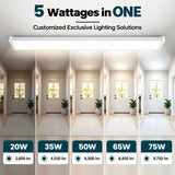 4FT LED Wraparound Light, 20W/35W/50W/65W/75W Selectable, 5CCT Adjustable 3000K-6500K, 130 LM/W, 2600-9750 Lumens, 100-277V, Surface Mount or Hanging, Linkable Commercial LED Fixture