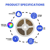 Waterproof RGB COB LED Strip Light 16.4ft (5m) – 24V Dot-Free Seamless Glow, 840 LEDs/m Color-Changing LED Tape, IP68 Outdoor/Indoor, UL Listed, Dimmable RGB Lighting, Flexible Silicone LED Tape Lights