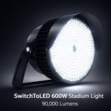 600W LED Stadium Light, 90,000 Lumens, 5000K Daylight, 0-10V Dimmable High Mast Flood Light, IP66 Waterproof, UL DLC Certified, 2000W Metal Halide Equivalent for Sports Field & Parking Lot