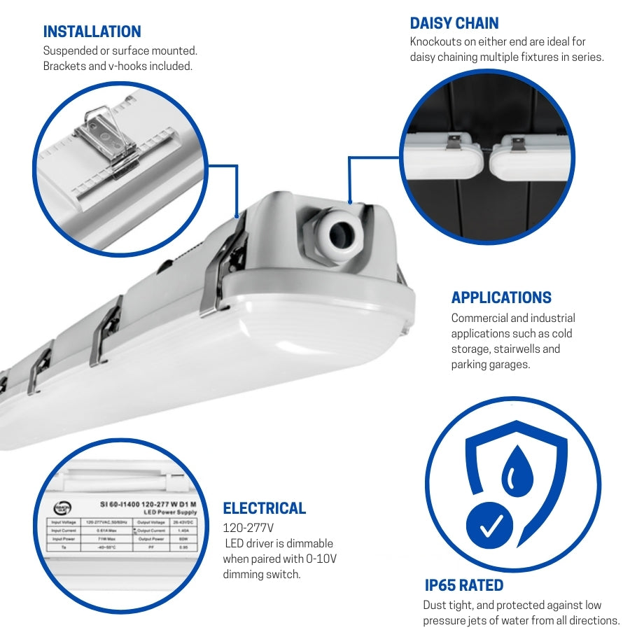 LED 4FT Vapor-Tight Fixture, 50W/40W/30W, CCT Selectable, 7,200 Lumens