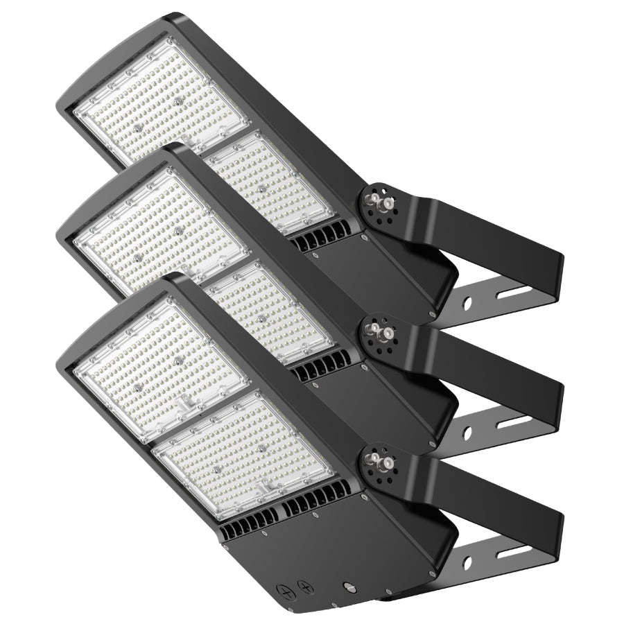 Set of three 300W LED flood lights with yoke mount, 40,500 lumens each, ideal for commercial outdoor lighting upgrades with energy-efficient performance.