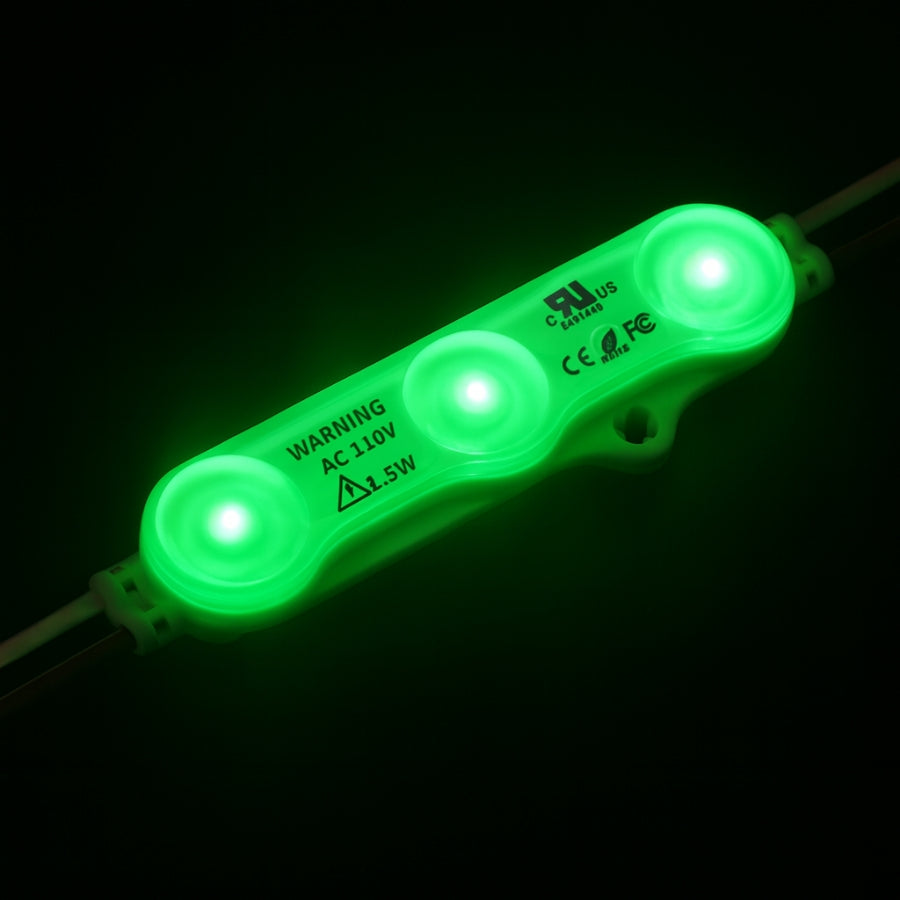 LED Modules SMD 2835 1.5W 100pcs Set – Red/Green/White, 390LM/Module, 110V/220V Direct Power, IP65 Waterproof, 130LM/W, CRI 90+, Dimmable, UL Certified, 50,000 Hrs, 3-Year Warranty, 48FT Length