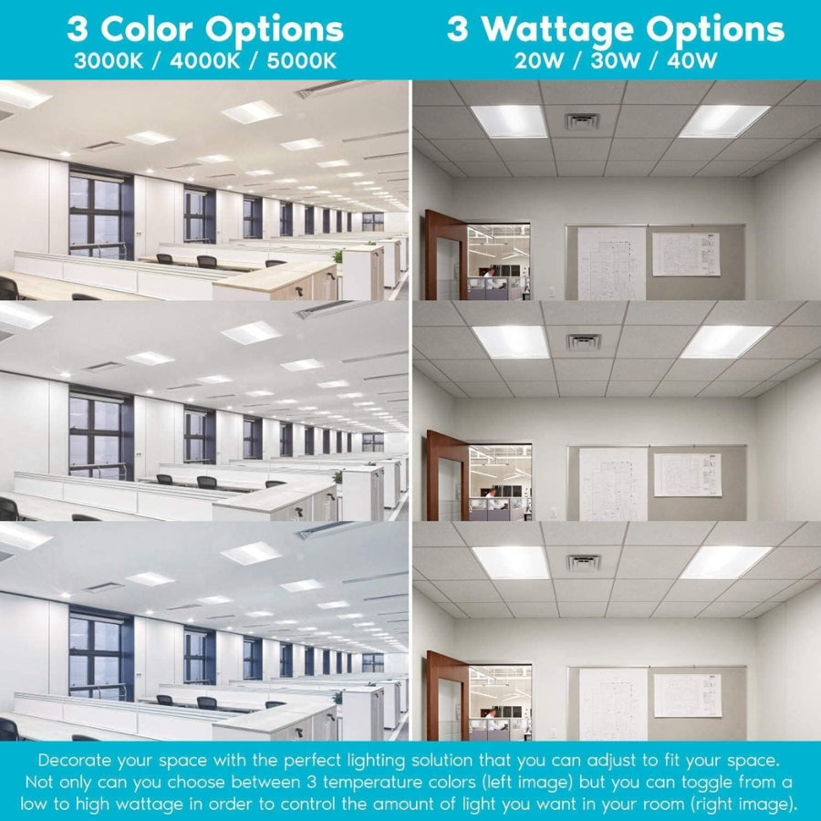 Comparison of office lighting with color temperature and wattage options.