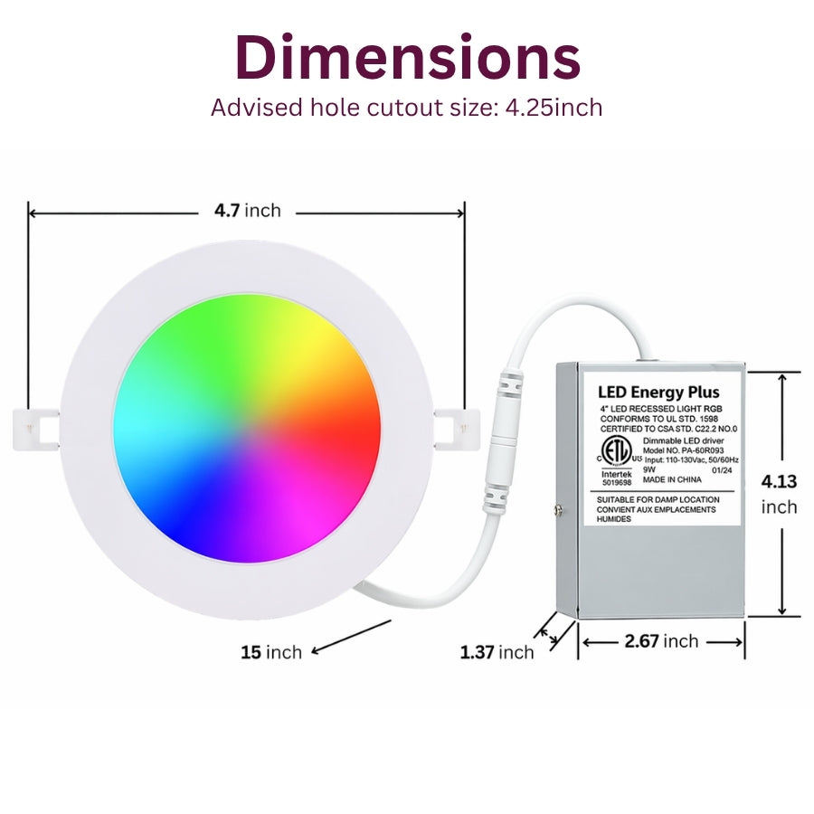 Technical diagram showing dimensions of 4-inch LED recessed light and junction box measurements.