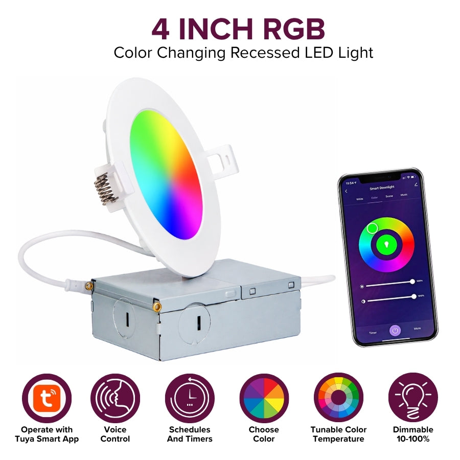 4-inch color-changing recessed LED light shown with smartphone app interface for color and brightness control.