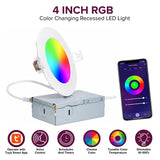 4-inch color-changing recessed LED light shown with smartphone app interface for color and brightness control.